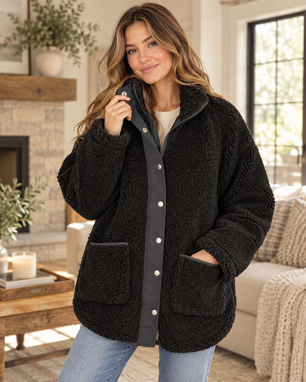 Model wearing the black sherpa teddy snap-and-zip jacket with large front pockets over a cream top with jeans
