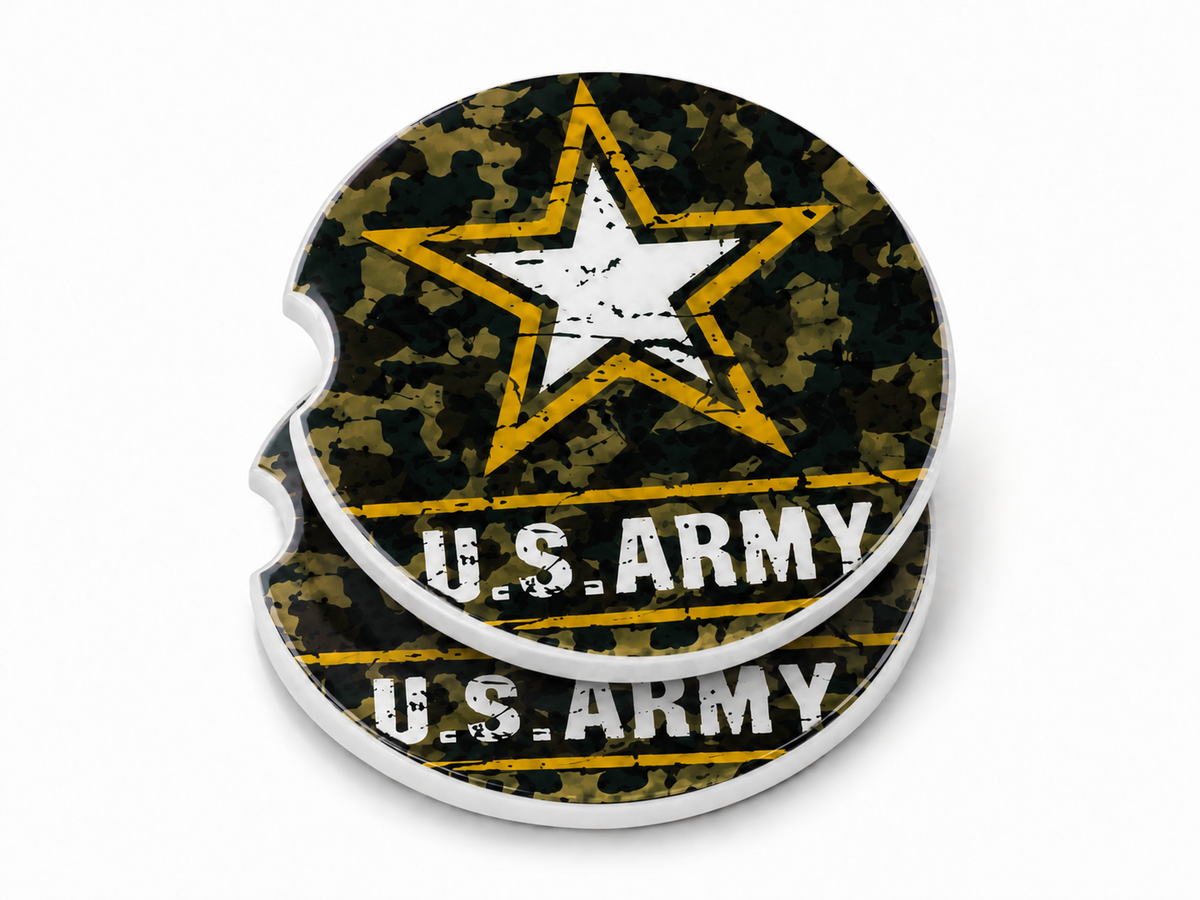 United States Army ceramic car coasters stacked showing thickness and finger notch cutout, U.S. Army gold star emblem on camouflage design, set of 2

