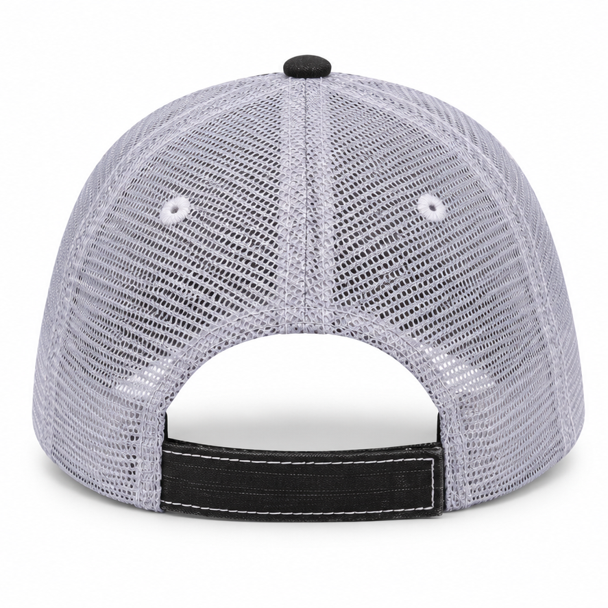 Back view of Dog Mother Wine Lover Trucker Hat showing full gray mesh back and black velcro closure tab on white background
