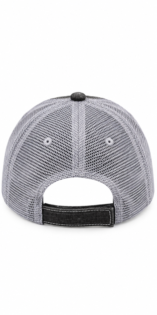 Back view of Golf Mom Trucker Hat showing full gray mesh back and black velcro closure strap on white background
