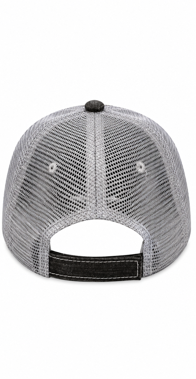 Back view of River Hair Don't Care Trucker Hat showing full gray mesh back and black velcro closure tab on white background
