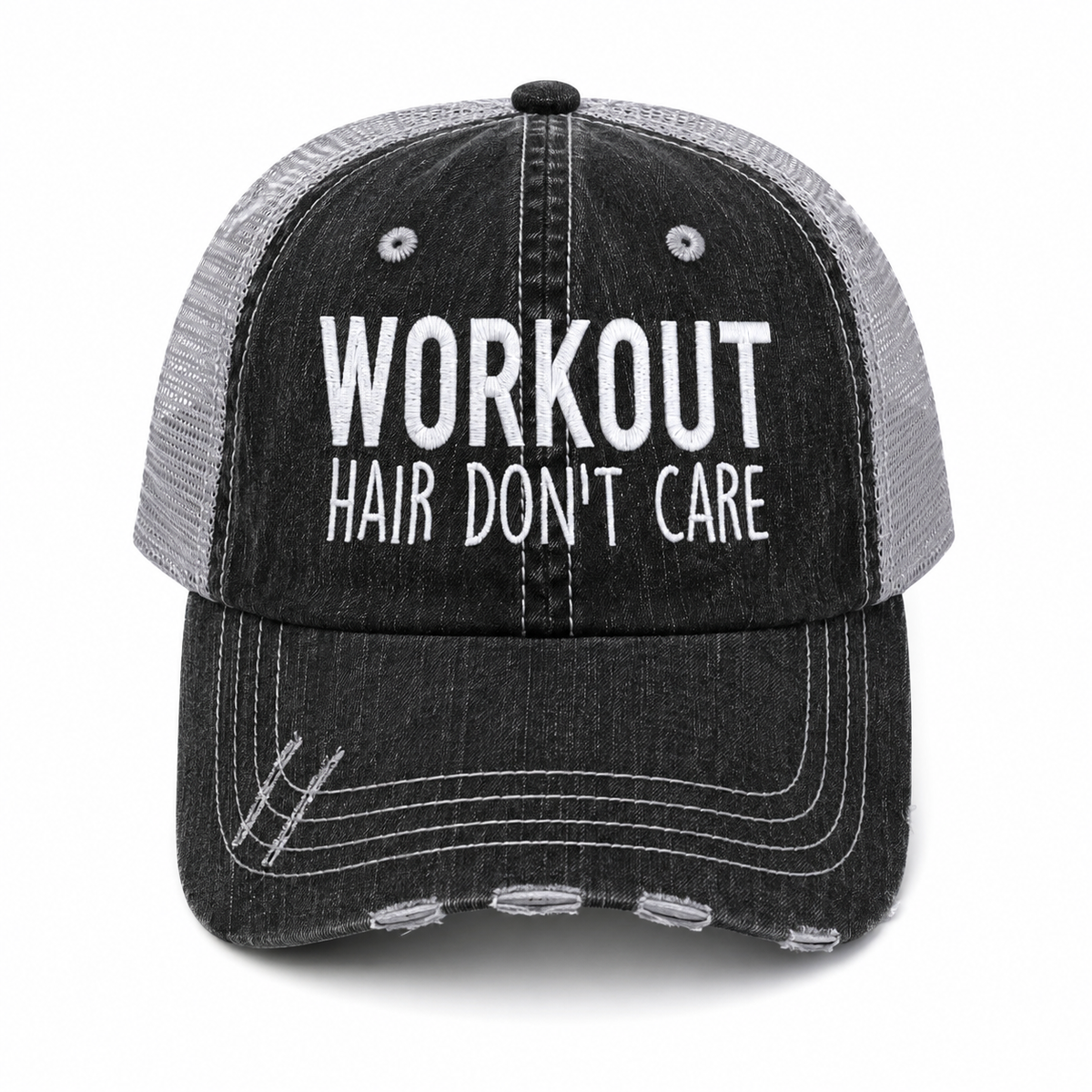 Workout Hair Don't Care trucker hat in distressed black denim front with white embroidery and gray mesh back, shown on a white background.
