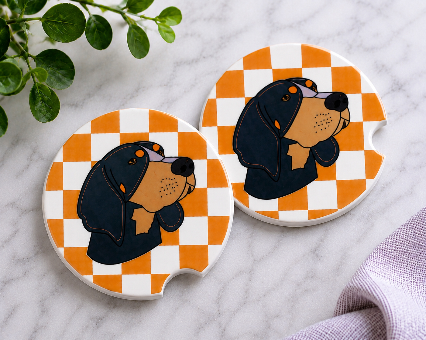 Smokey Checkerboard Car Coaster Set - set of 2 ceramic coasters with orange and white checkerboard pattern and hound dog design