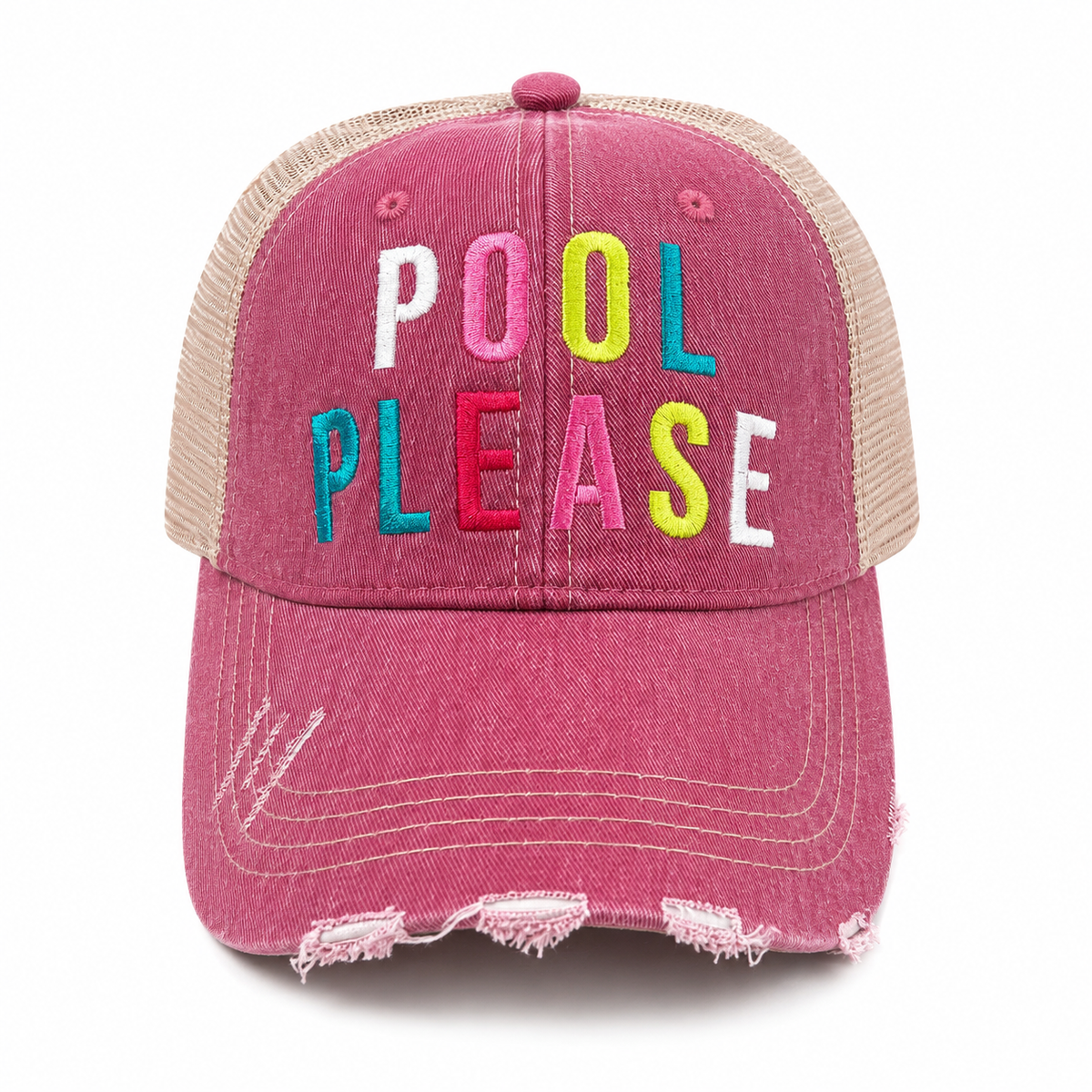 A distressed trucker-style baseball cap in washed pink denim with beige mesh back panels. The front features colorful embroidered text reading 'POOL PLEASE' in white, pink, yellow, and blue.