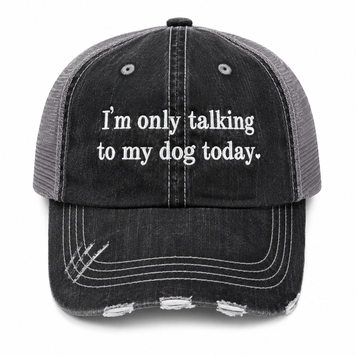 I'm Only Talking to My Dog Today trucker hat in washed black with gray mesh back and embroidered white script, shown on a white background.
