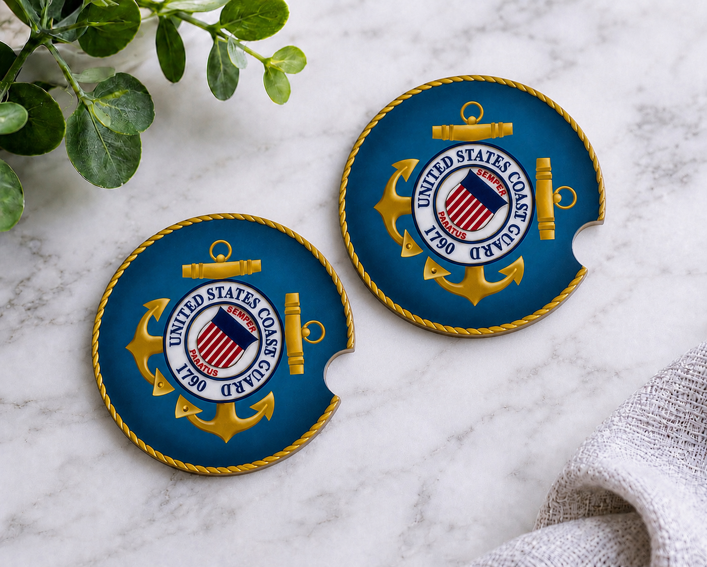 United States Coast Guard car coasters with official USCG emblem on ocean blue background