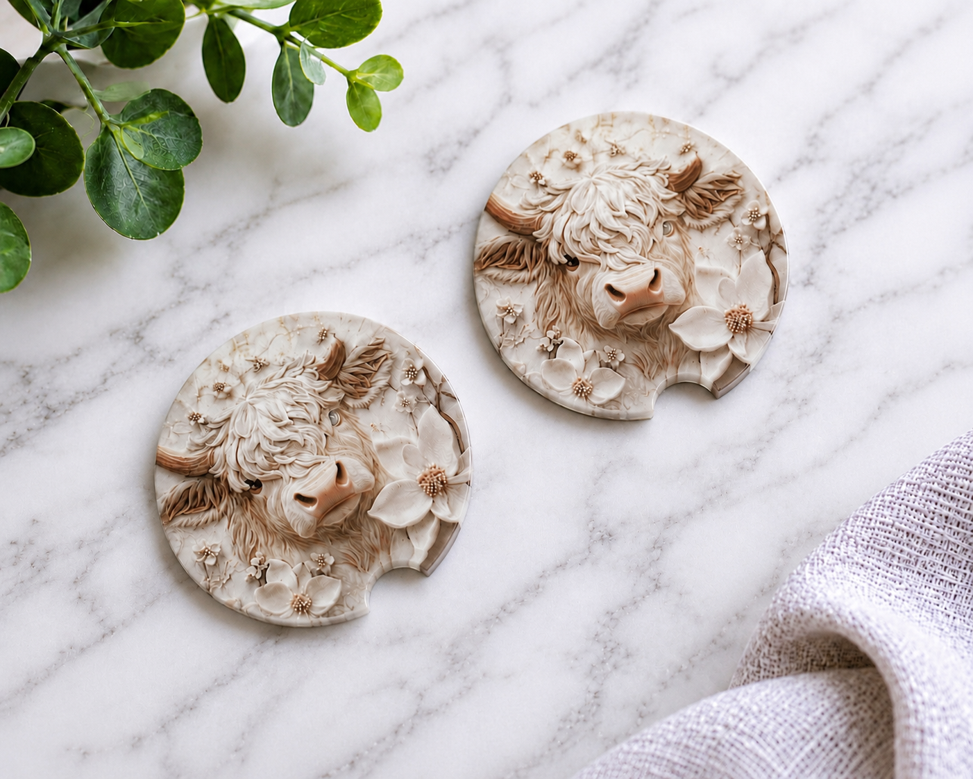 Highland Cow Floral Sculpted car coasters with cream ivory carved stone look design