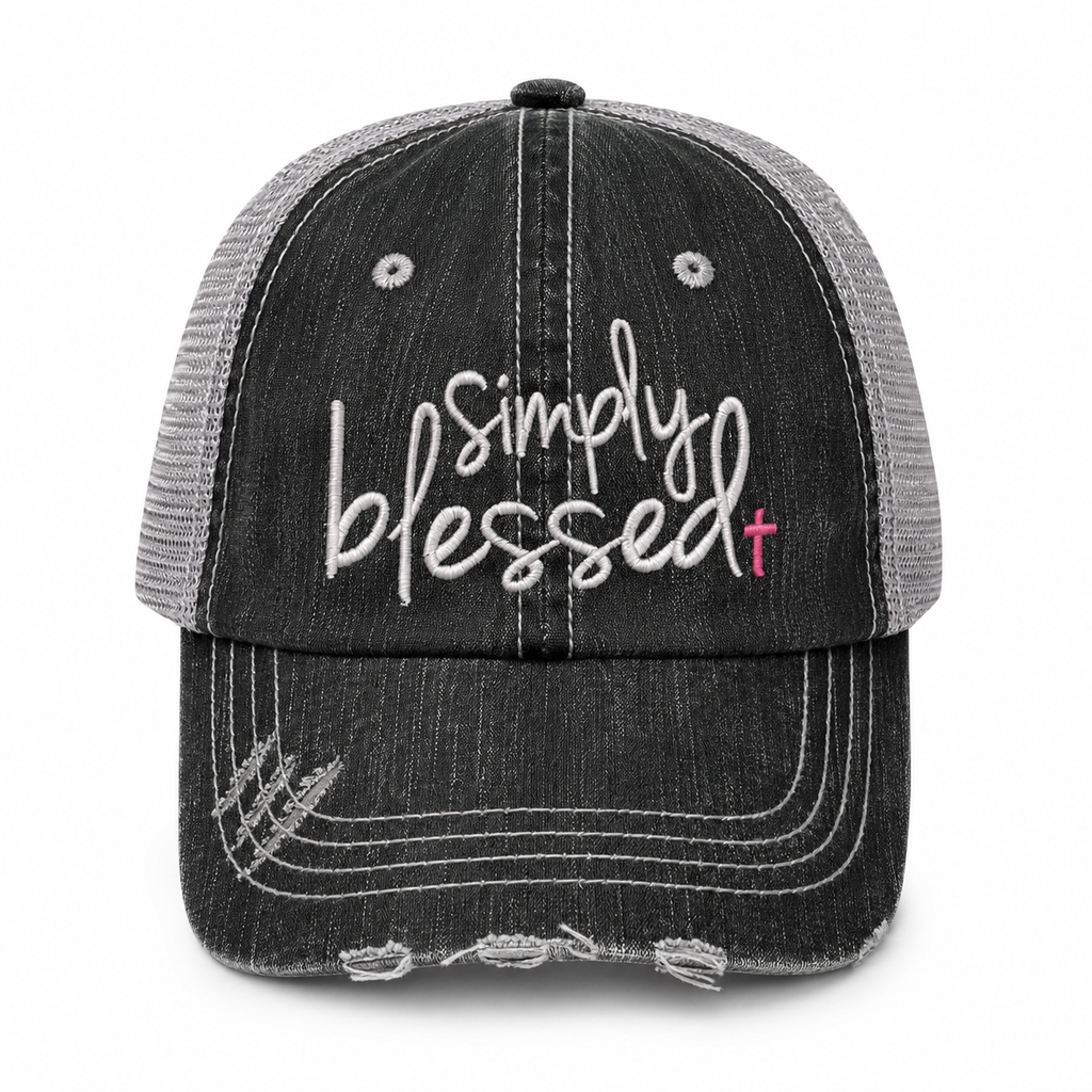 Katydid Simply Blessed Trucker Cap - distressed black denim with white script embroidery and pink cross accent