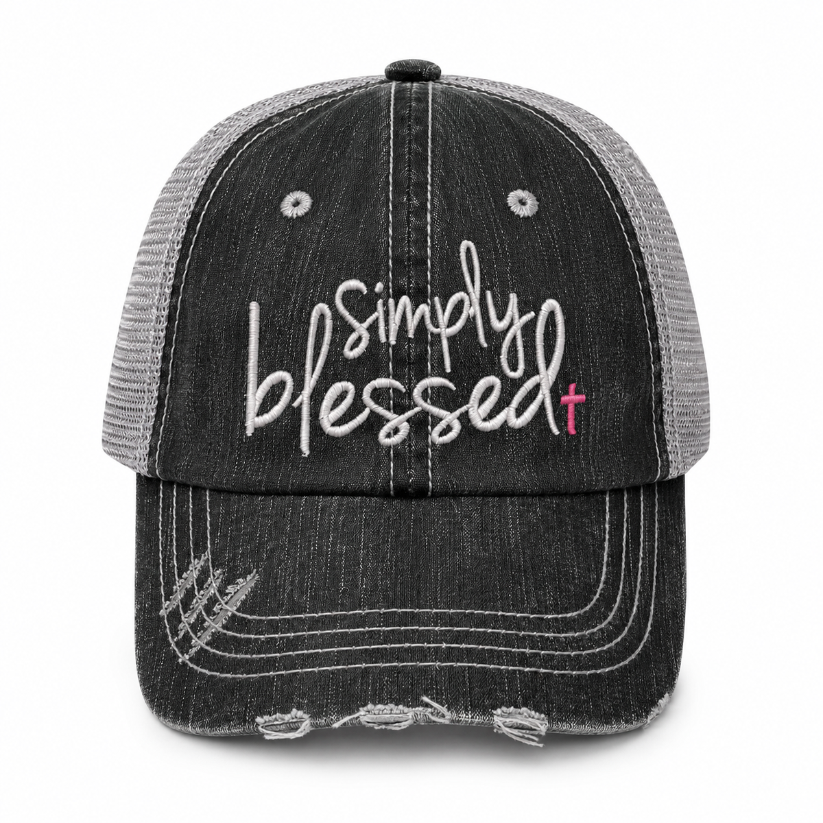 Katydid Simply Blessed Trucker Cap - distressed black denim with white script embroidery and pink cross accent