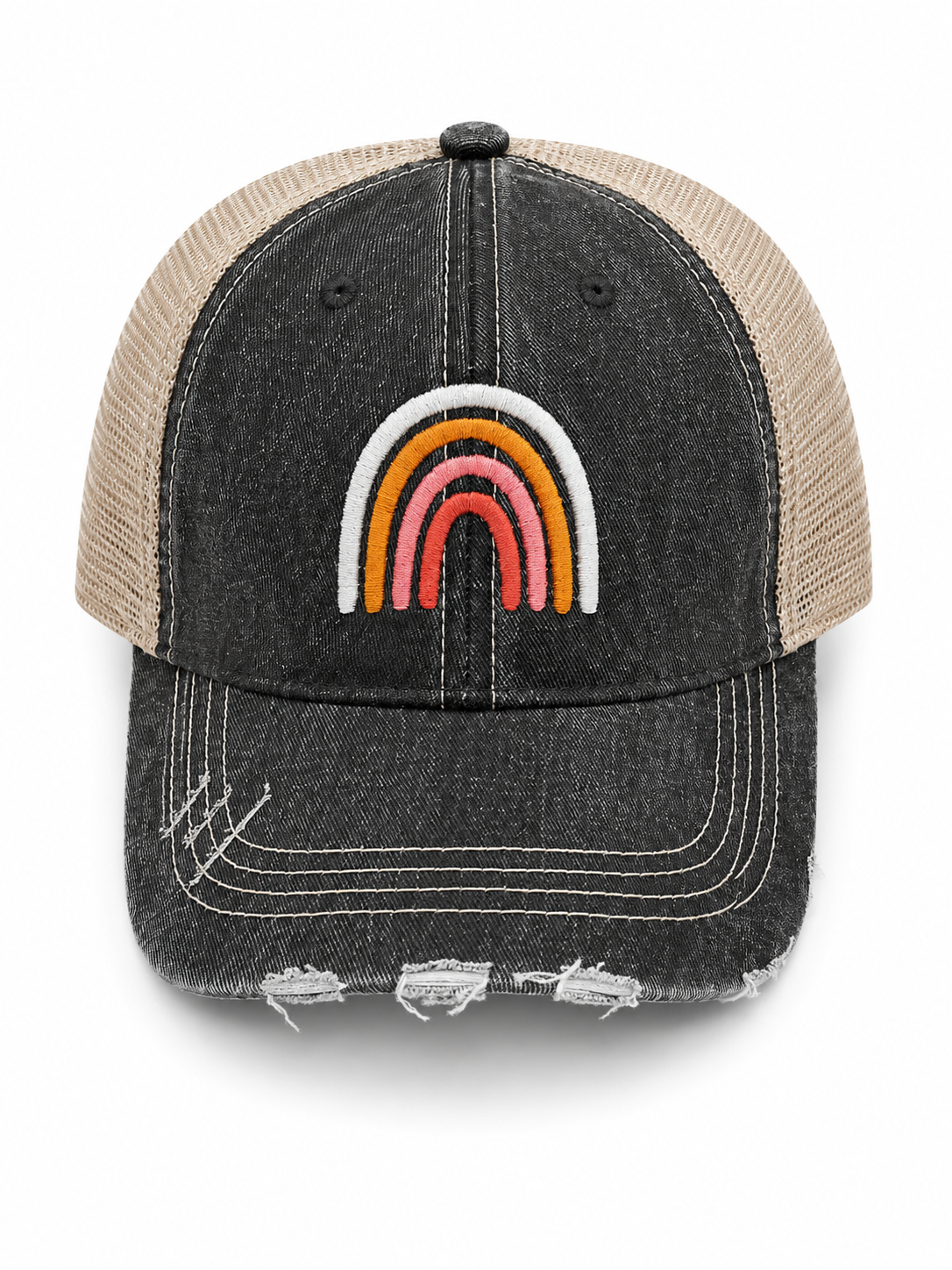 Boho Rainbow trucker hat in distressed black denim front with embroidered boho rainbow in white, orange, pink, and coral tones, shown on a white background.
