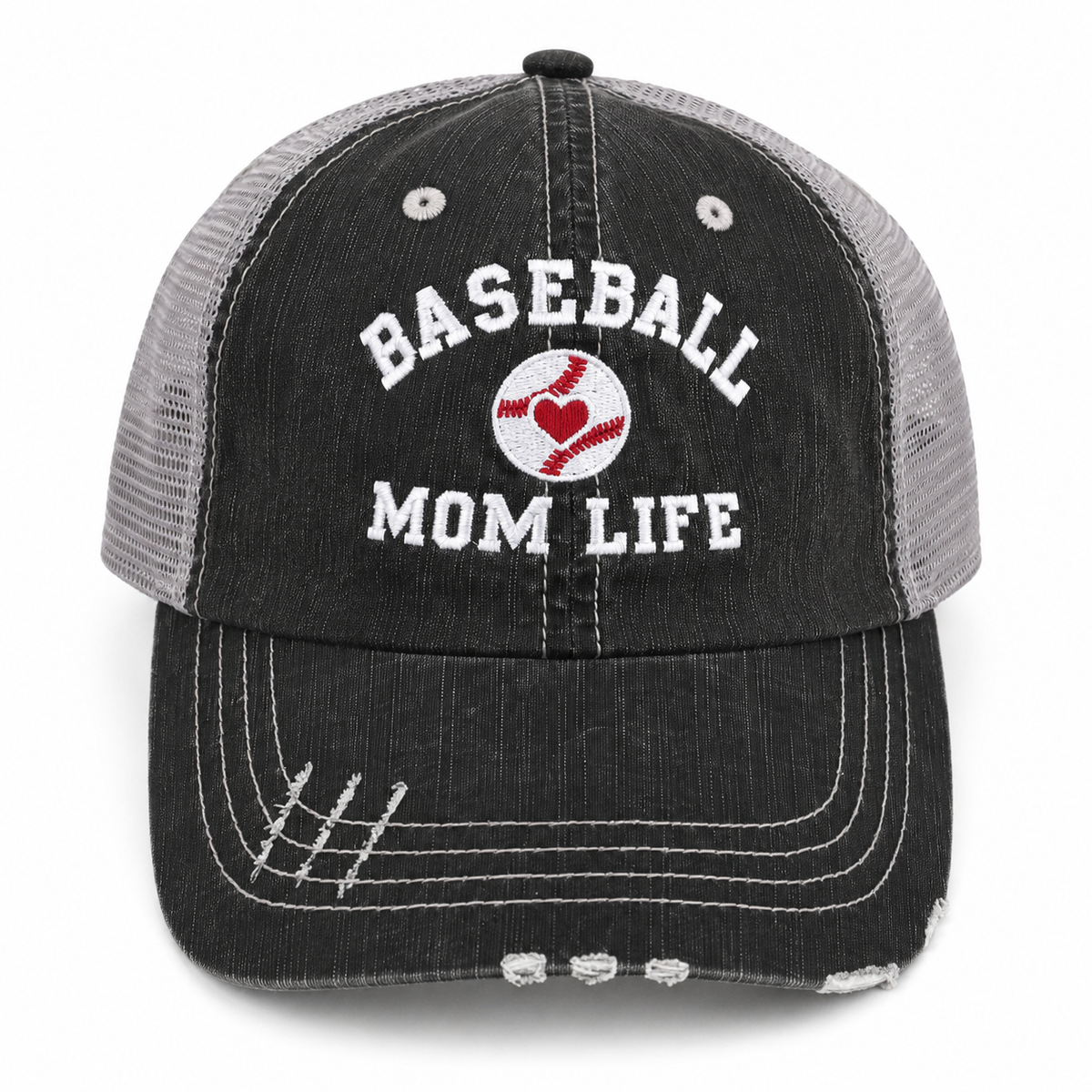 A distressed trucker-style baseball cap with a washed black front panel and brim, gray mesh back, and white embroidered text reading 'BASEBALL MOM LIFE' with a baseball graphic in the center.