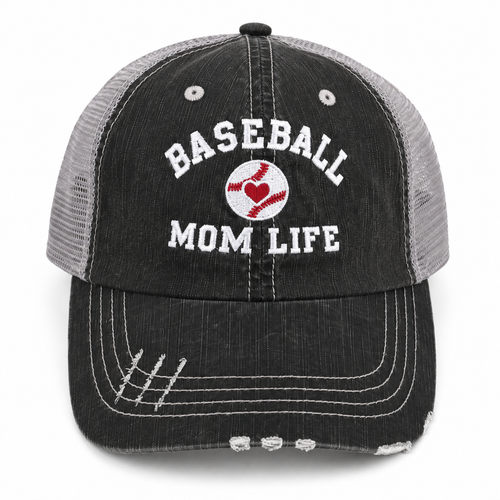 A distressed trucker-style baseball cap with a washed black front panel and brim, gray mesh back, and white embroidered text reading 'BASEBALL MOM LIFE' with a baseball graphic in the center.