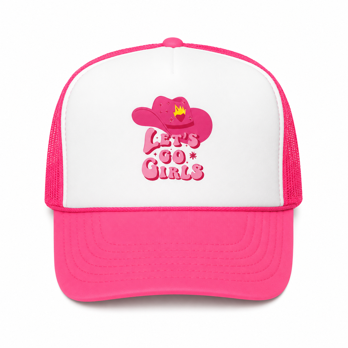 Hot pink and white trucker hat with retro "Let's Go Girls" graphic featuring a pink cowboy hat with a flaming heart and sparkle details
