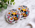 Bee Happy car coasters with cute cartoon honeybee and flower design