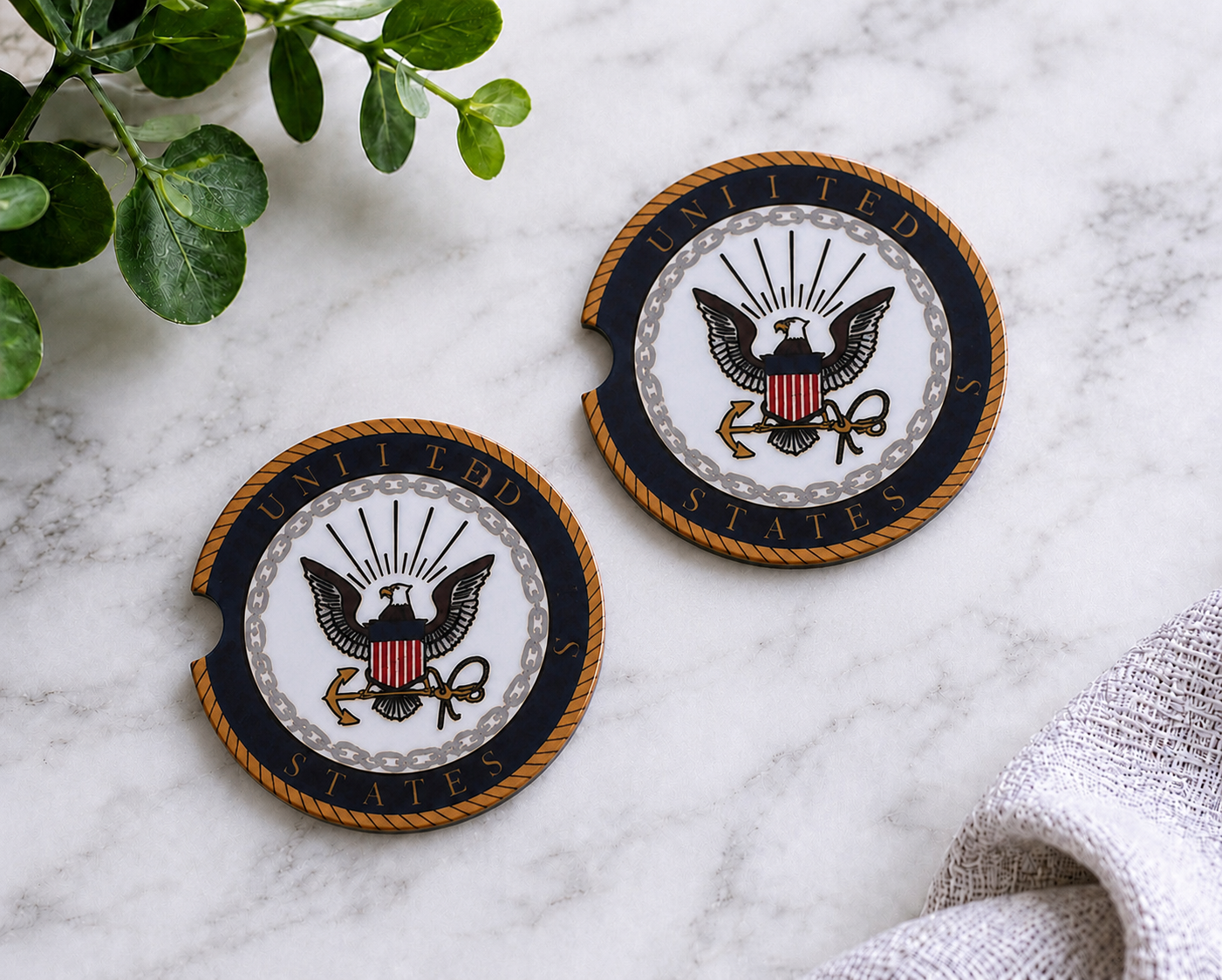 United States Navy car coasters with official USN seal eagle and anchor emblem