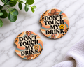 Don't Touch My Drink car coasters with retro rainbow and leopard print design