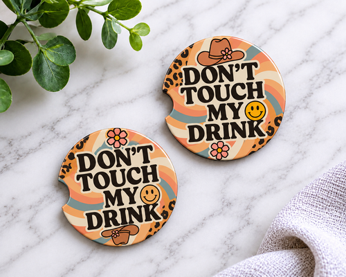Don't Touch My Drink car coasters with retro rainbow and leopard print design