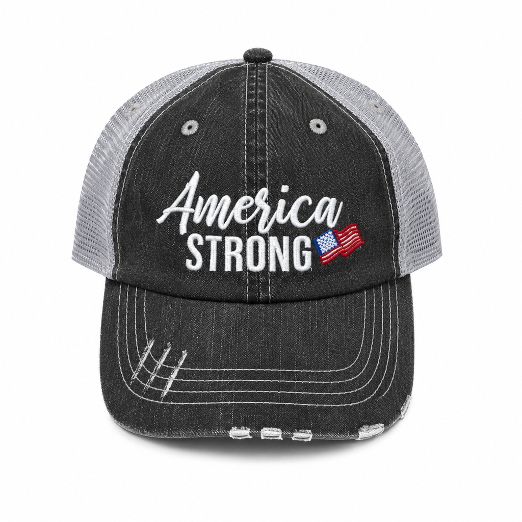 Distressed black trucker hat with gray mesh back and white embroidered America Strong text with a small embroidered American flag accent, shown on a white background.