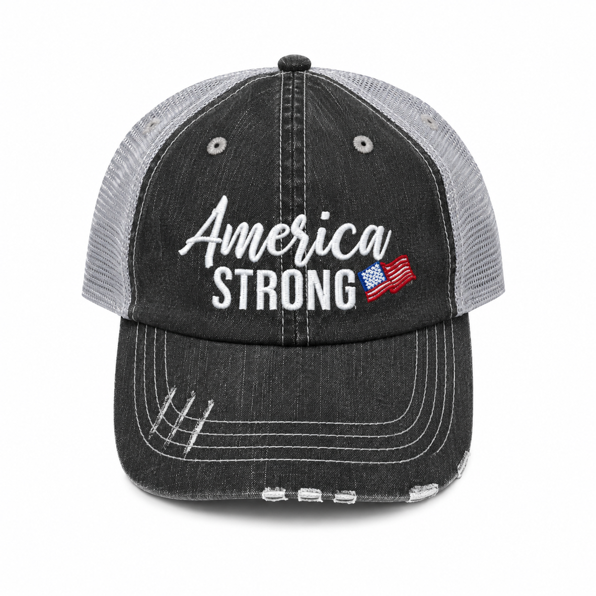 Distressed black trucker hat with gray mesh back and white embroidered America Strong text with a small embroidered American flag accent, shown on a white background.