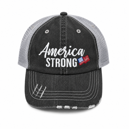 Distressed black trucker hat with gray mesh back and white embroidered America Strong text with a small embroidered American flag accent, shown on a white background.