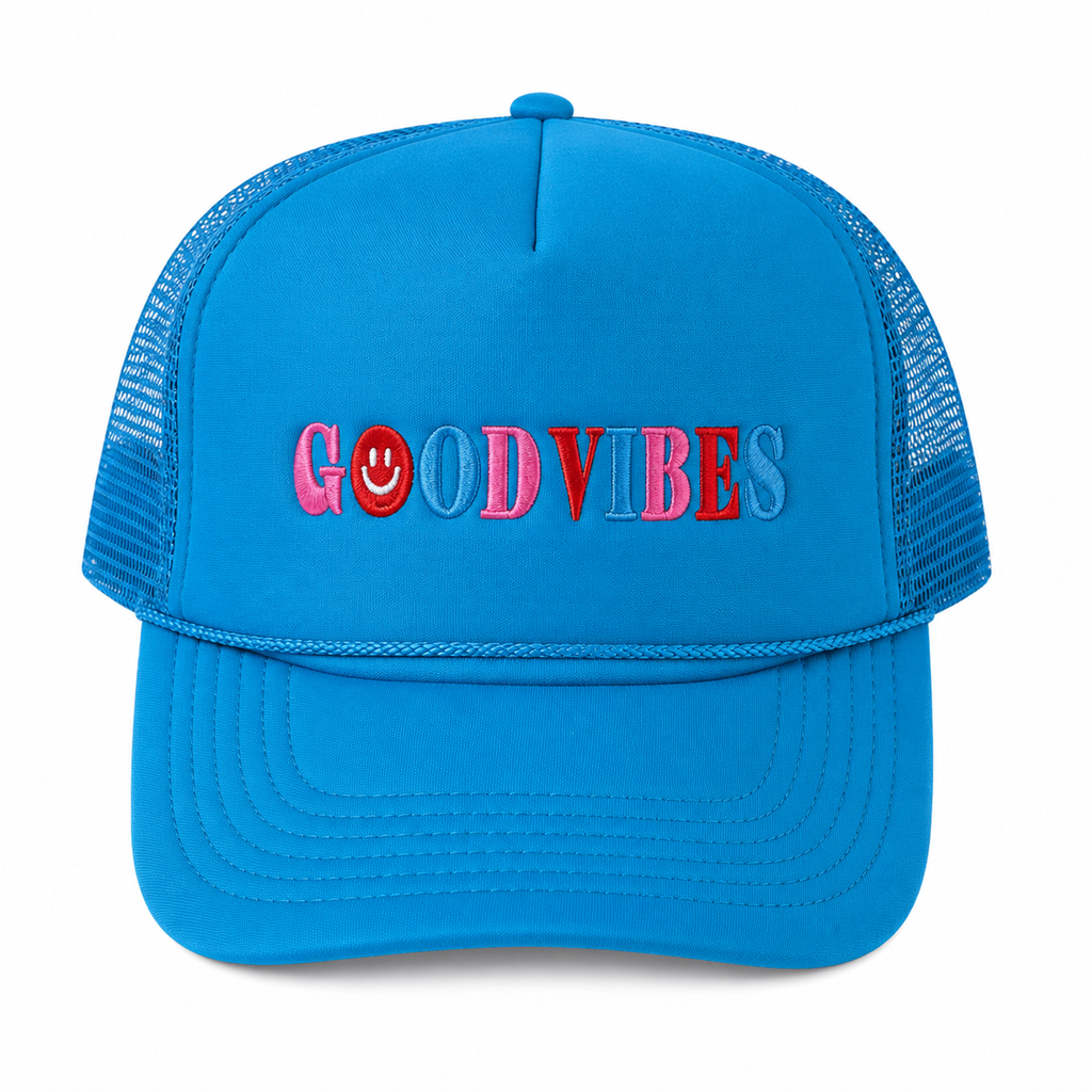 Good Vibes Trucker Hat in bright sky blue with multicolor embroidered "Good Vibes" lettering and red smiley face accent, rope accent along the brim, shown on a white background.
