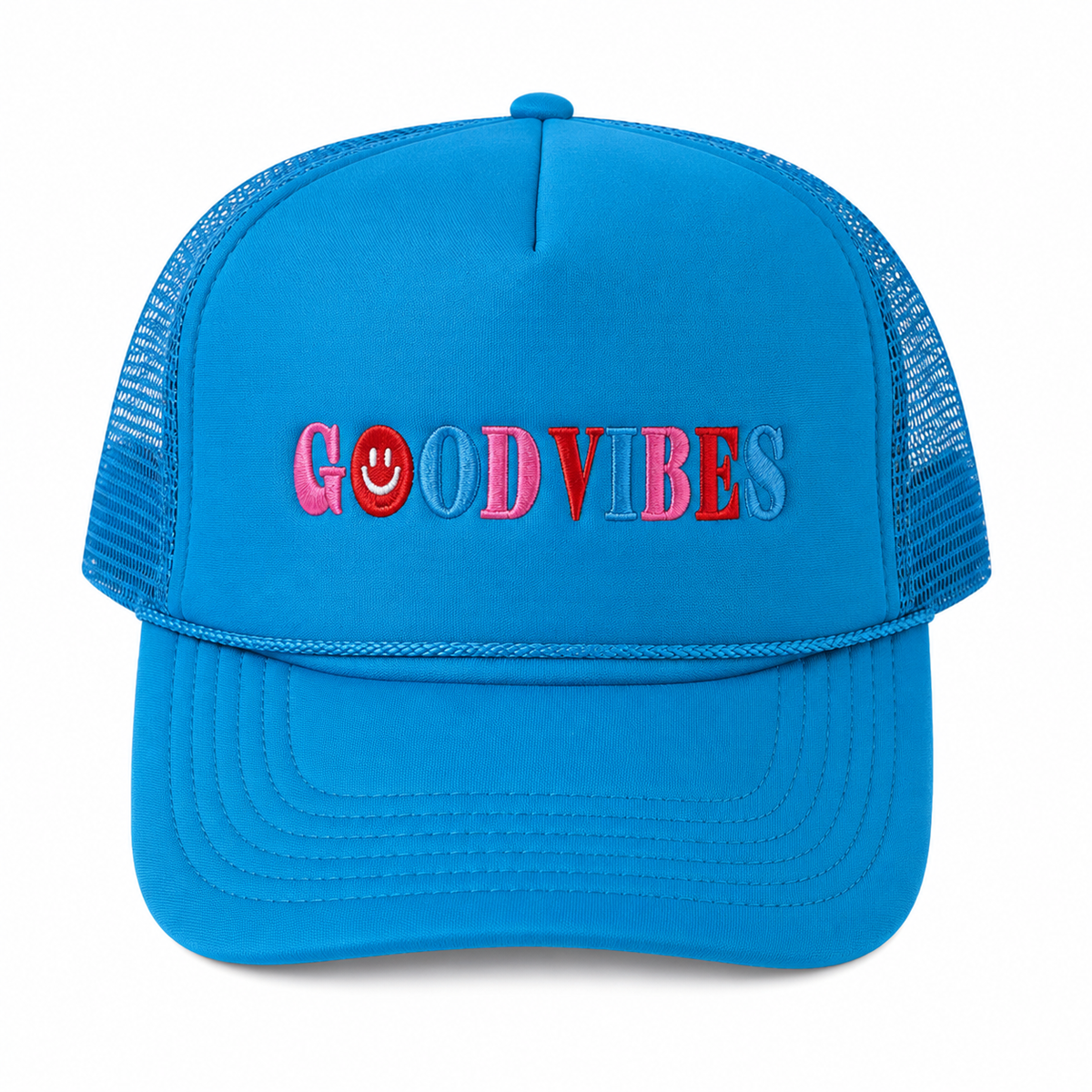 Good Vibes Trucker Hat in bright sky blue with multicolor embroidered "Good Vibes" lettering and red smiley face accent, rope accent along the brim, shown on a white background.
