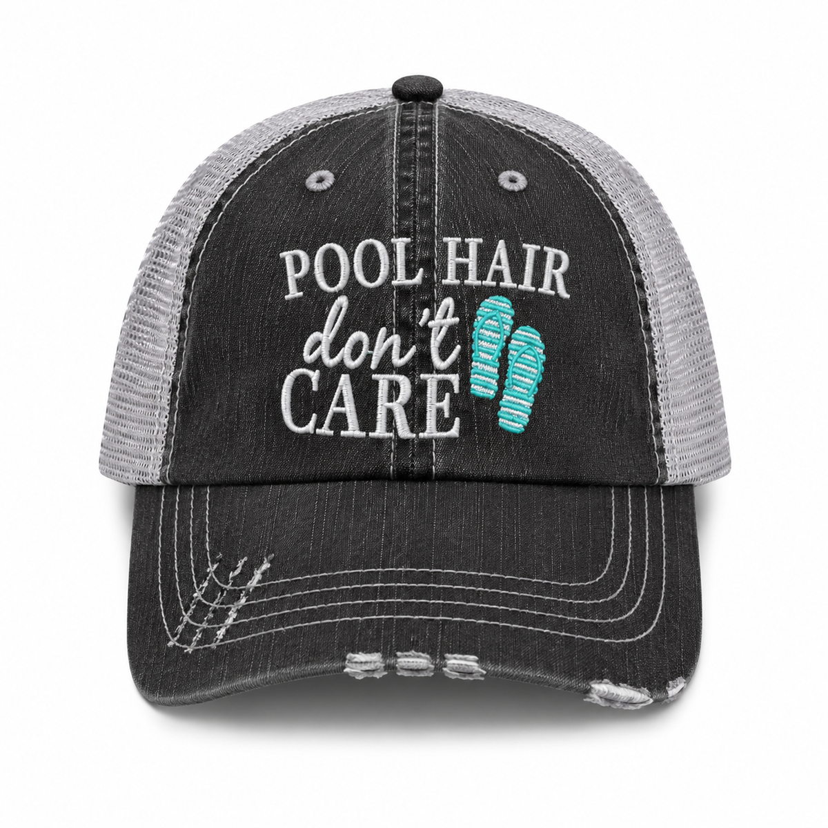 Pool Hair Don't Care trucker hat in washed black with light gray mesh back and teal flip-flop embroidery, shown on a white background.
