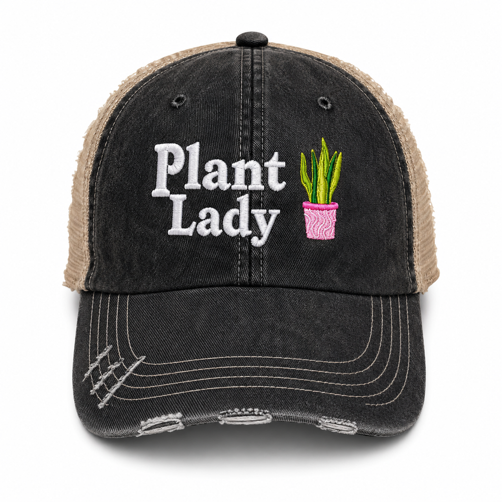 Plant Lady trucker hat in washed black with tan mesh back and embroidered potted plant design, shown on a white background.
