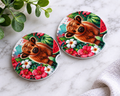 Highland Cow Watermelon car coasters with fluffy cow and tropical floral design