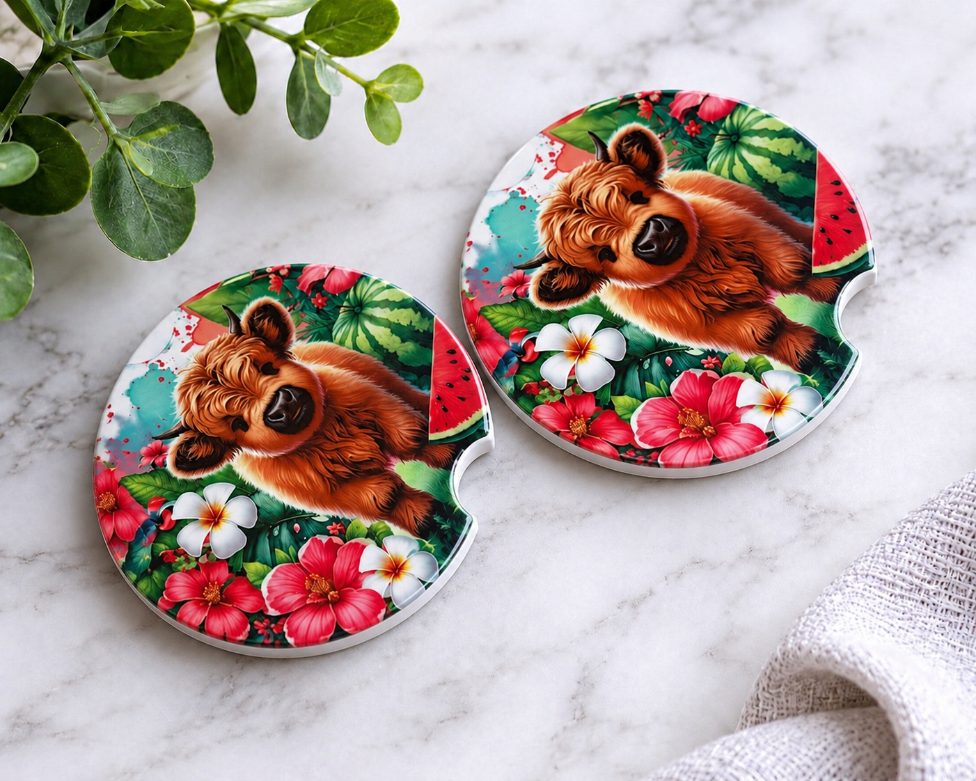 Highland Cow Watermelon car coasters with fluffy cow and tropical floral design