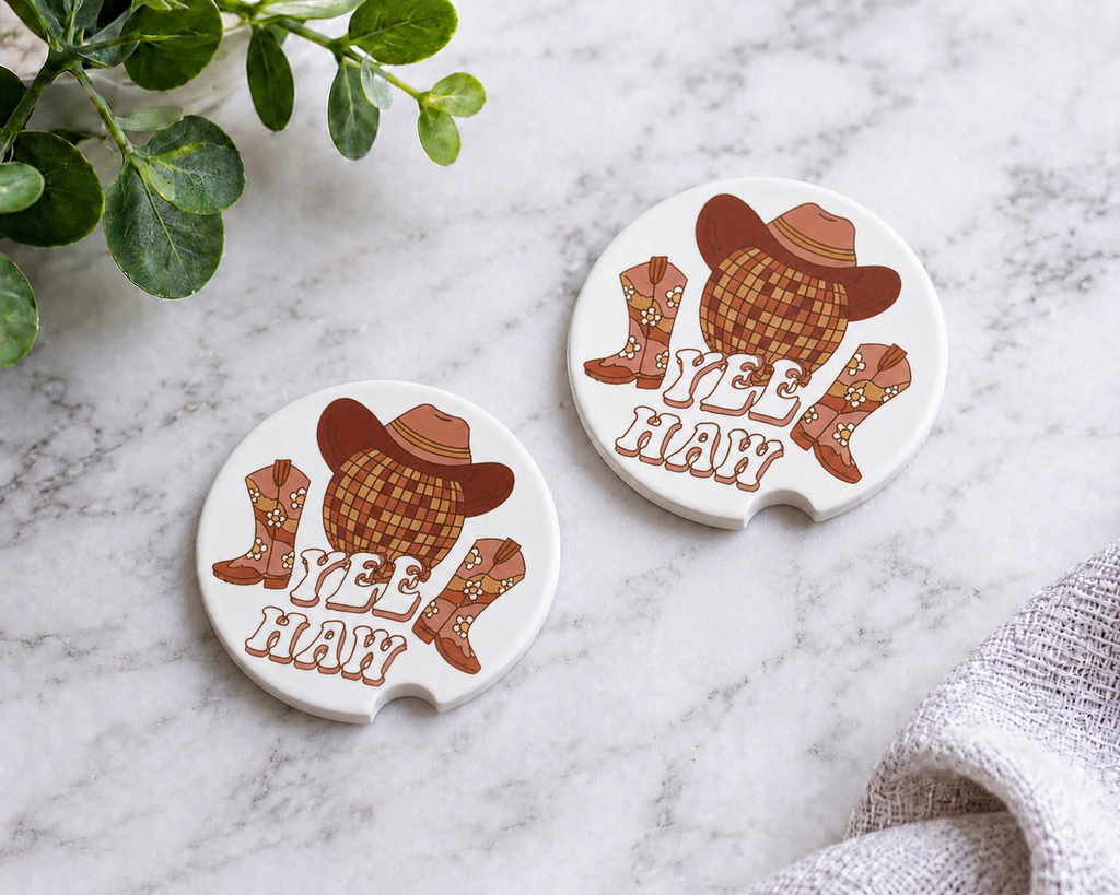 Yee Haw Disco Ball car coasters with cowboy hat disco ball and floral boots design