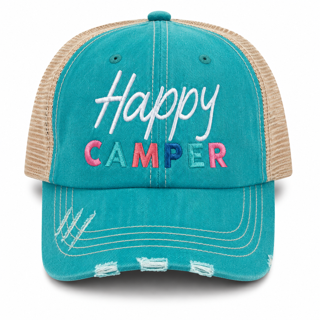 Happy Camper trucker hat in distressed teal front with multicolor embroidered lettering and tan mesh back, shown on a white background.
