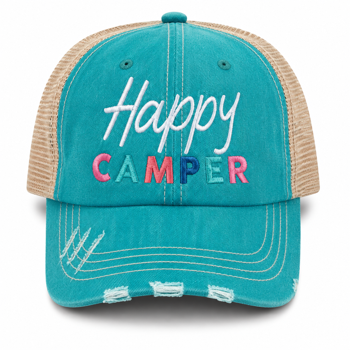 Happy Camper trucker hat in distressed teal front with multicolor embroidered lettering and tan mesh back, shown on a white background.
