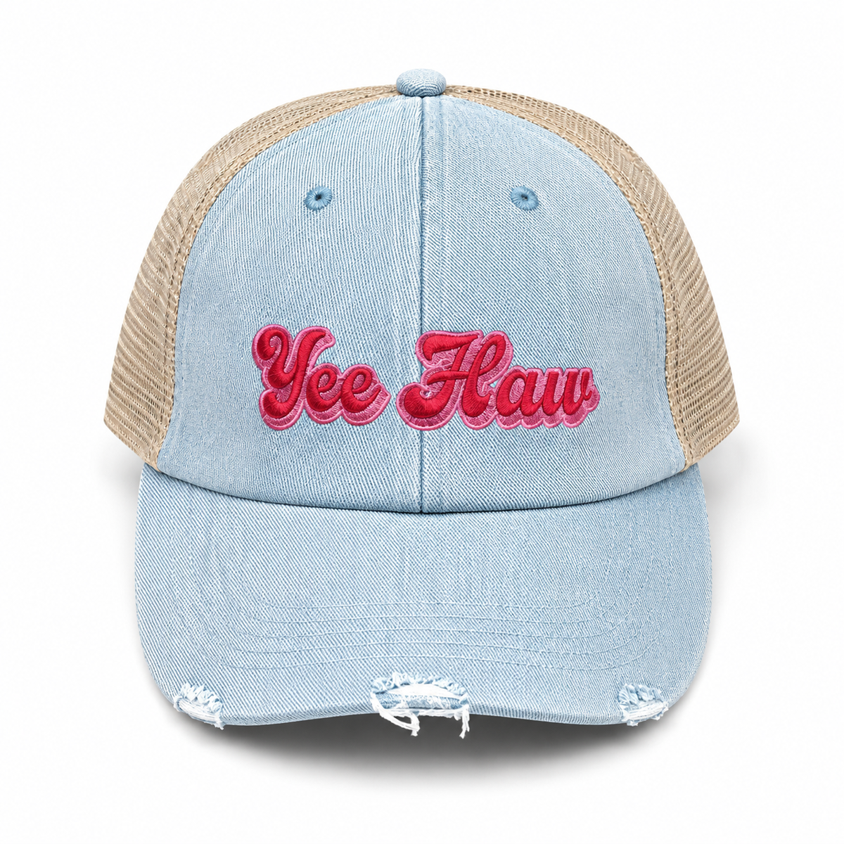 A distressed trucker-style baseball cap with a light blue washed denim front panel and brim, natural tan mesh back, and bold pink and red retro embroidered text reading 'Yee Haw' on the front, shown on a plain white background.