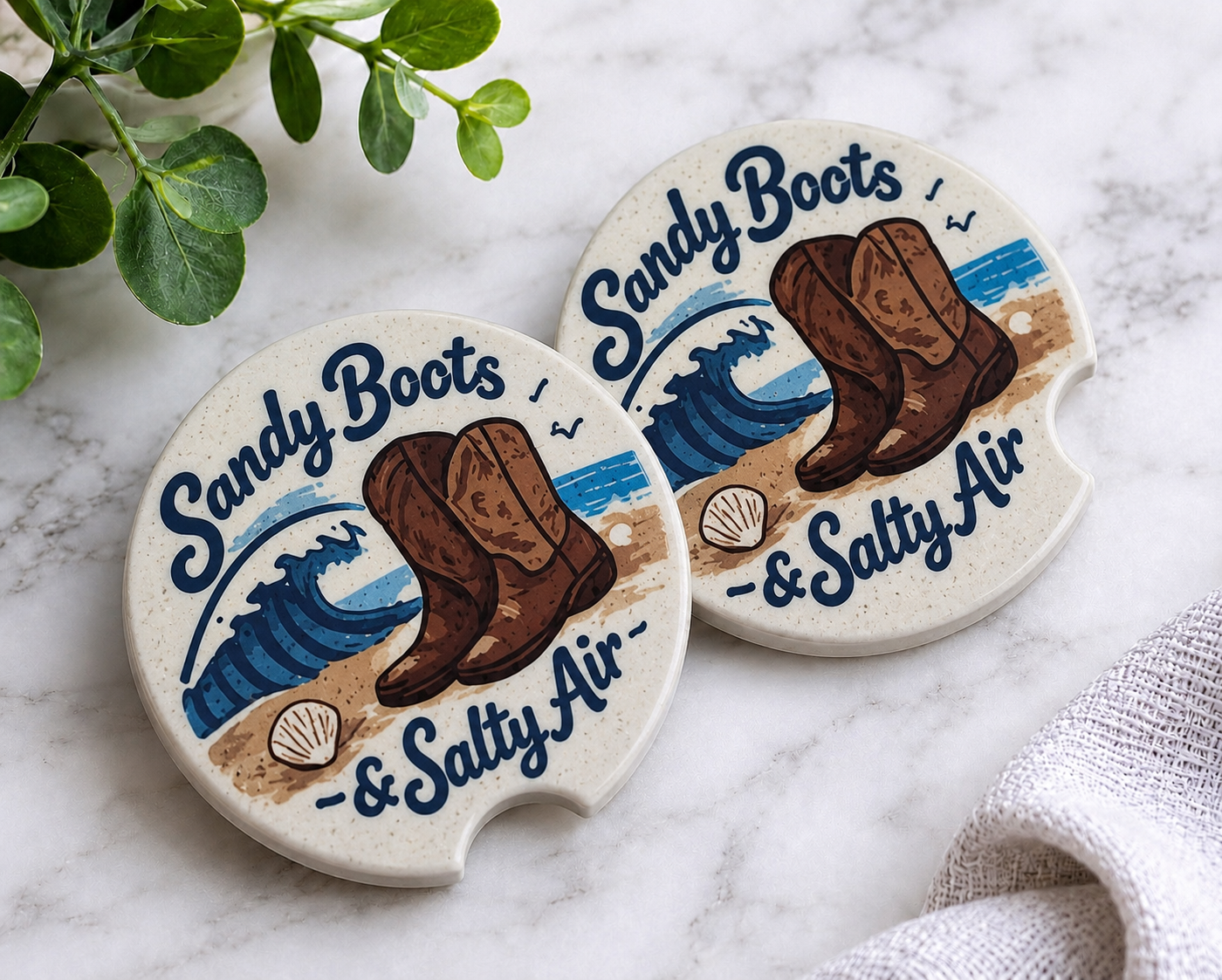Sandy Boots and Salty Air car coasters with cowboy boots and ocean waves design