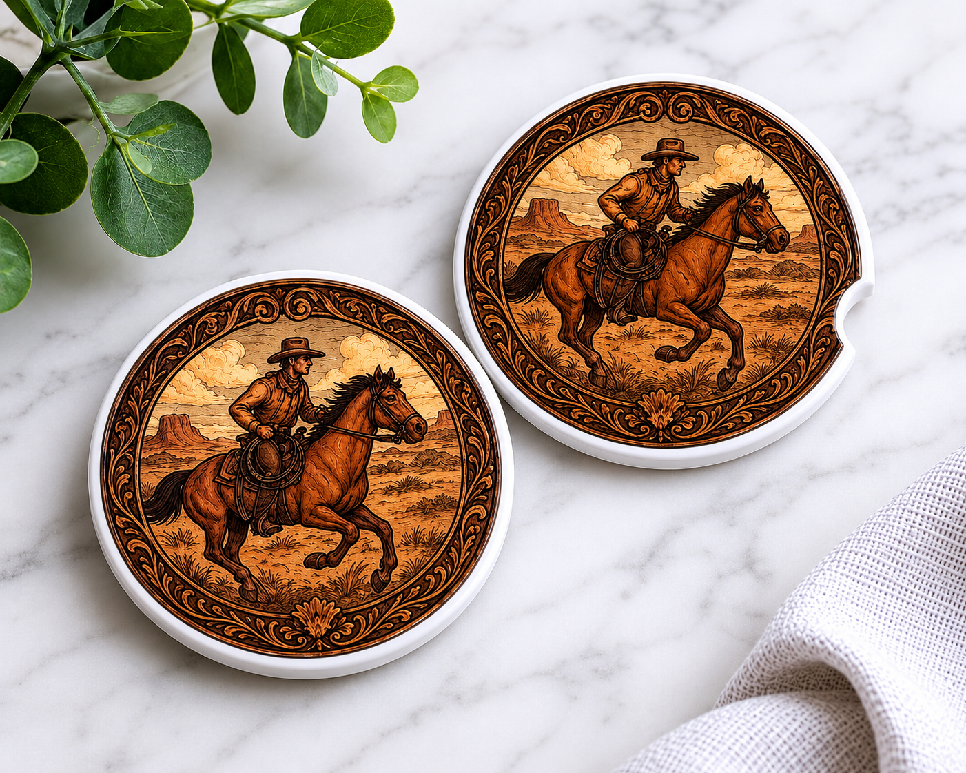 Cowboy Riding Horse car coasters with leather tooled style western design