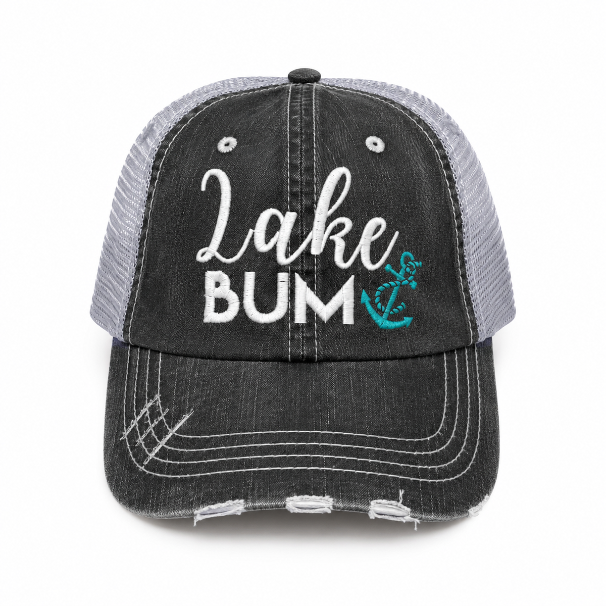 A distressed trucker hat with a washed black front panel and brim, light gray mesh back, and white embroidered text reading 'Lake BUM' with a small turquoise anchor graphic.