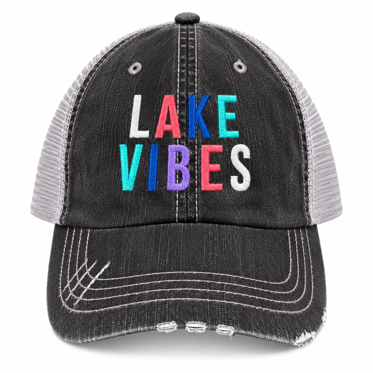 A distressed trucker-style baseball cap with a washed black denim front and brim, gray mesh back panels, and colorful embroidered text reading 'LAKE VIBES' on the front. The text features white, red, blue, and purple letters.