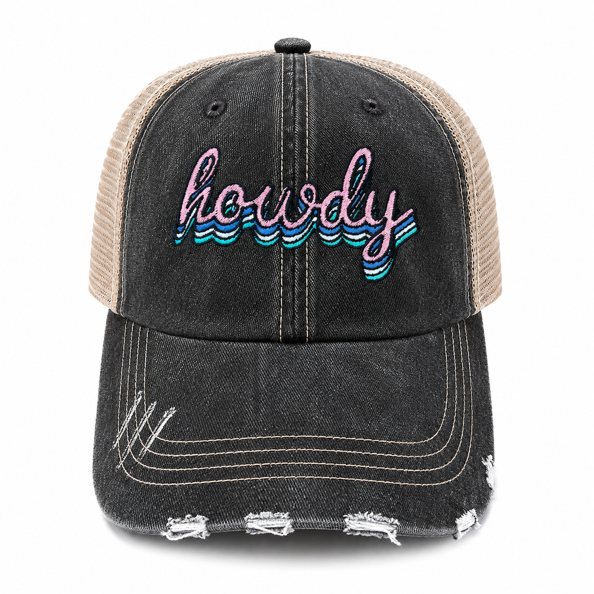 A distressed trucker cap featuring a washed black denim front and brim with frayed details, beige mesh back panels, and 'howdy' embroidered in pink and blue on the front.