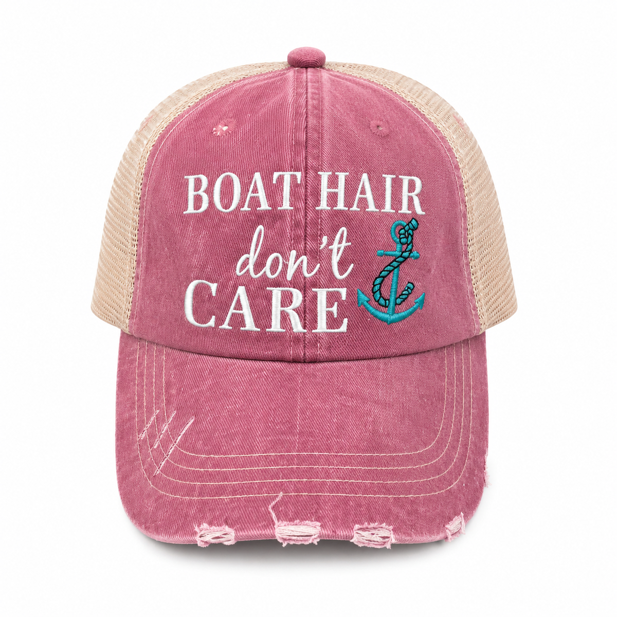 Boat Hair Don't Care Katydid trucker hat with teal anchor embroidery on distressed pink denim front panel and beige mesh back