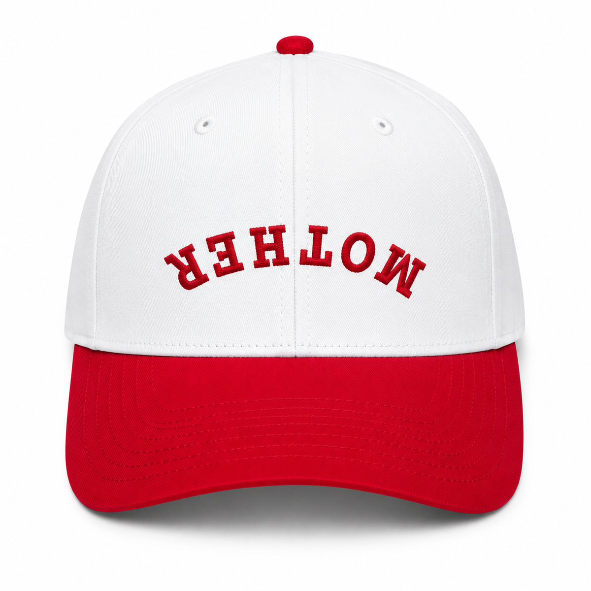 Flip It Mother Baseball Cap in white crown with red brim and bold red collegiate "MOTHER" embroidery designed to read when the brim is flipped up, shown on a white background.
