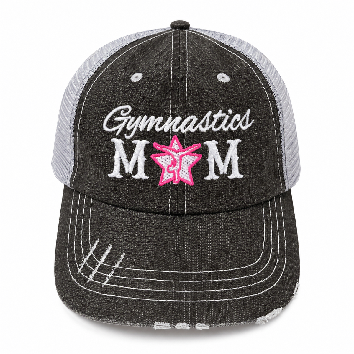 A distressed trucker-style baseball cap with a dark gray front panel and brim, light gray mesh back, and white embroidered text reading 'Gymnastics MOM' with a pink star accent, shown on a plain white background.
