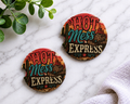 Hot Mess Express car coasters with retro western desert sunset and leopard print design