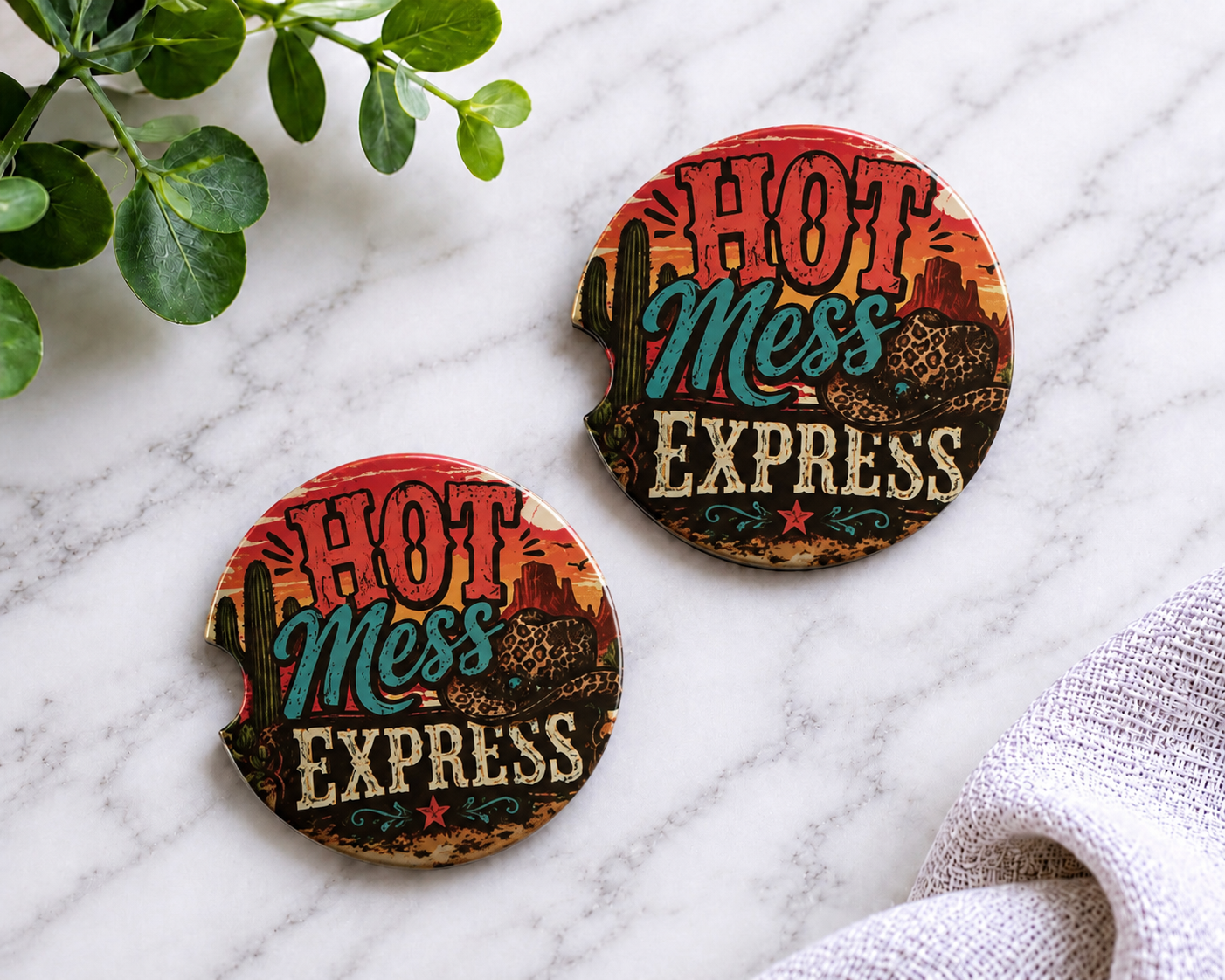 Hot Mess Express car coasters with retro western desert sunset and leopard print design