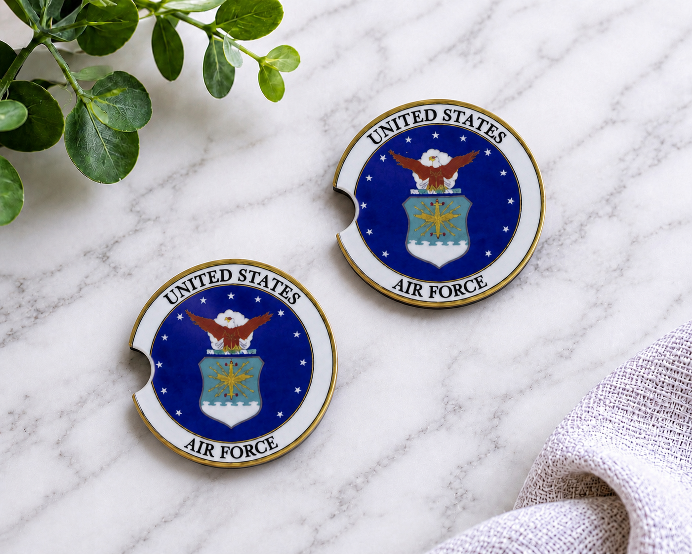 United States Air Force car coasters with official USAF seal eagle and shield emblem