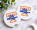 Tennessee Lady Vols Car Coaster Set - set of 2 white ceramic coasters with orange Power T and blue Lady Volunteers script