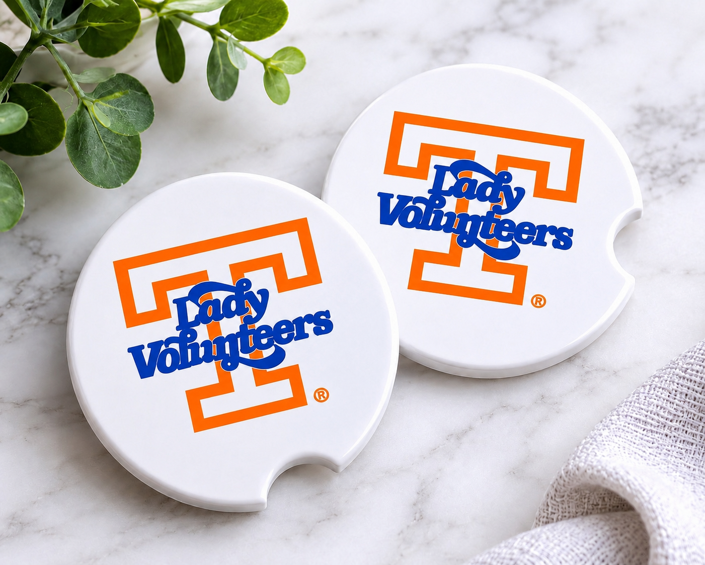 Tennessee Lady Vols Car Coaster Set - set of 2 white ceramic coasters with orange Power T and blue Lady Volunteers script