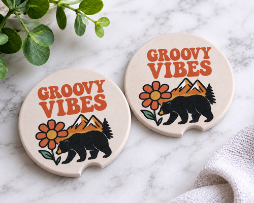 Groovy Vibes car coasters with retro bear and flower mountain design