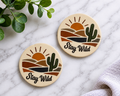 Stay Wild car coasters with desert sunset cactus and canyon design