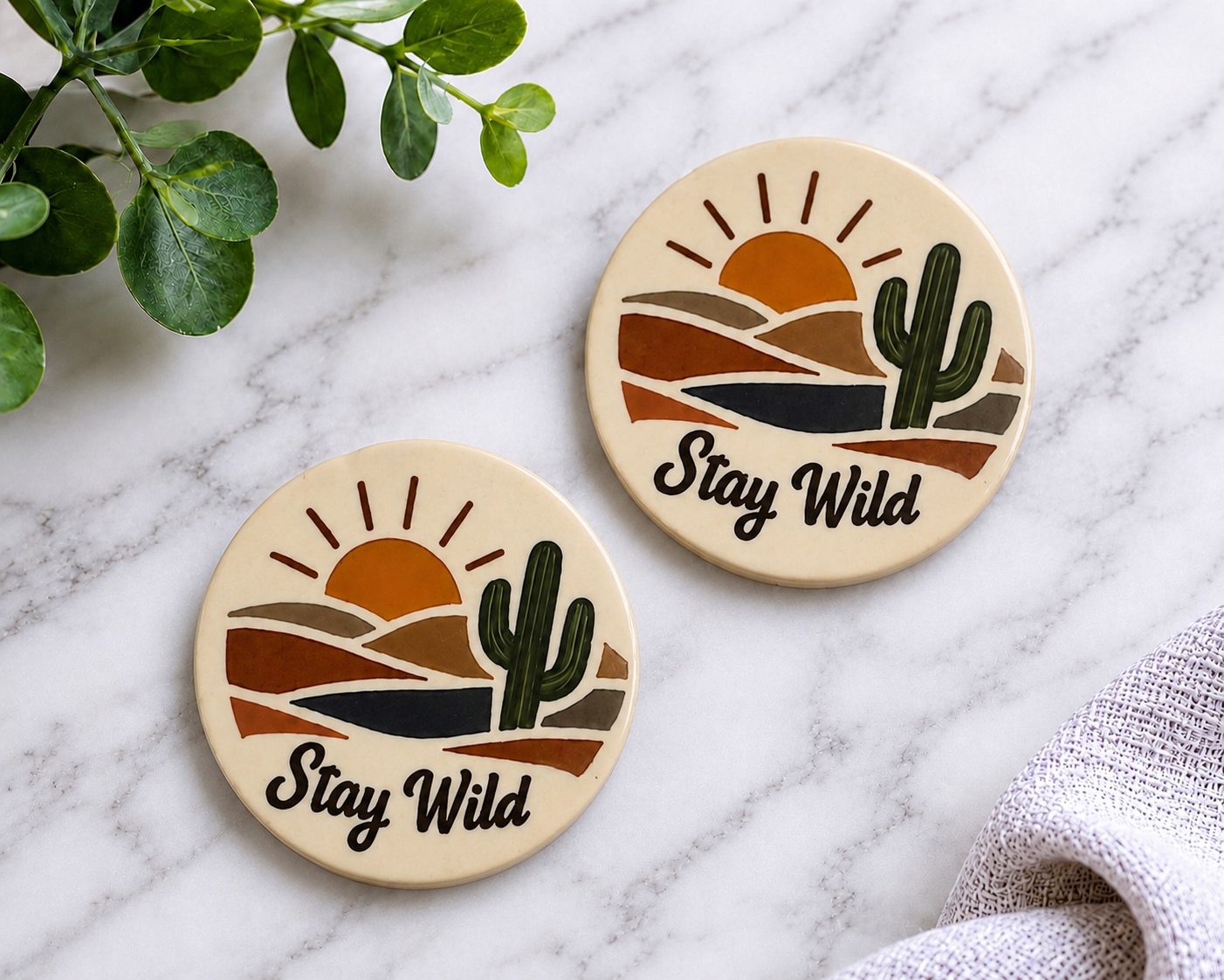 Stay Wild car coasters with desert sunset cactus and canyon design